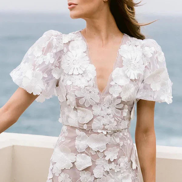 Aurelia – Flirty Floral Sheer Mini Dress with Puff Sleeves for Women - perlanotturna
