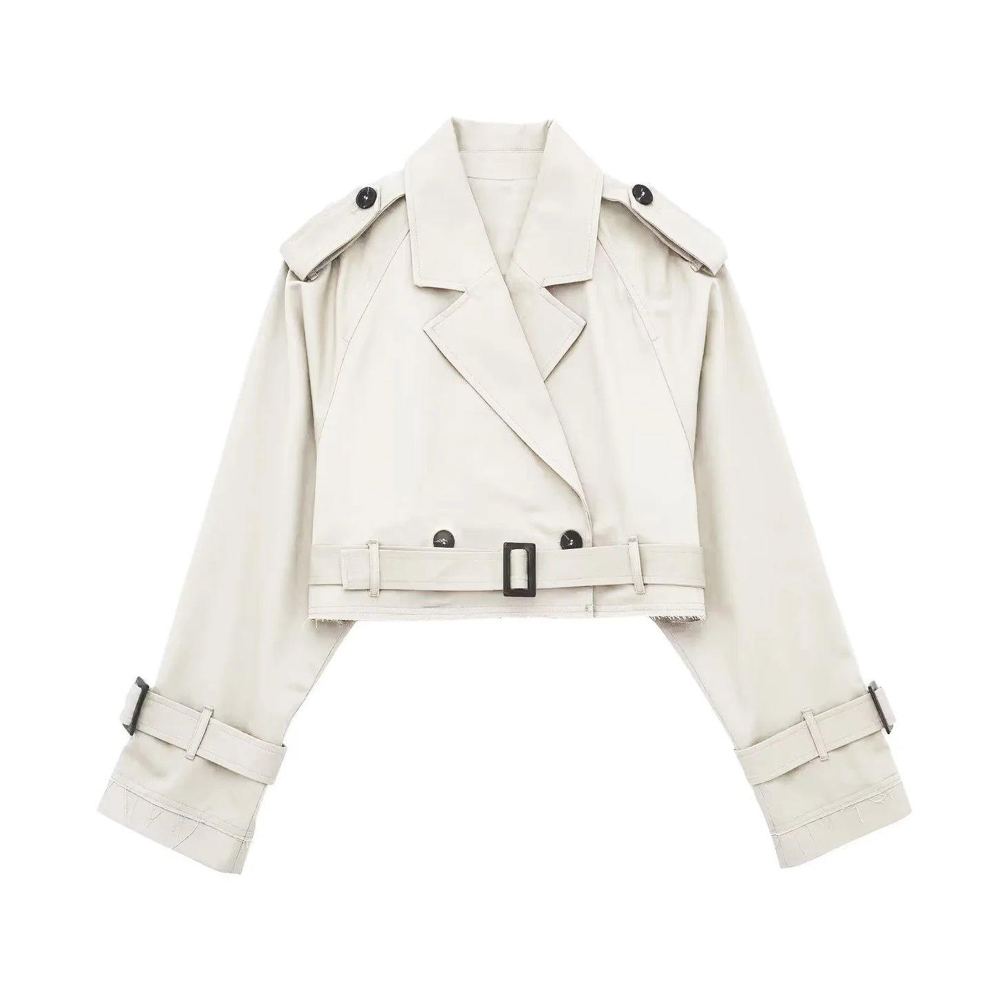Lyrix – Cropped Khaki Trench Jacket with Frayed Details | Trendy Women’s Fashion Clothing Online - perlanotturna