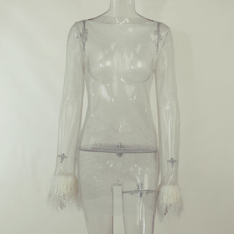 Norelle – Sparkle Feather Sleeve Party Mini Dress for Women - perlanotturna