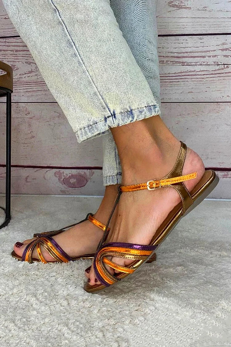 Golden Sandals with Buckle and Multicolored Strap