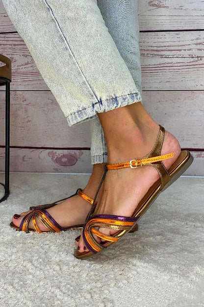 Golden Sandals with Buckle and Multicolored Strap