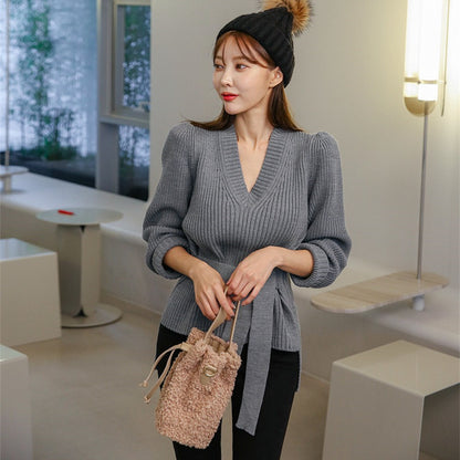 Leonoria — Chic V-Neck Ribbed Knit Wrap Top for Women | Women’s Fashion Clothing Online - perlanotturna