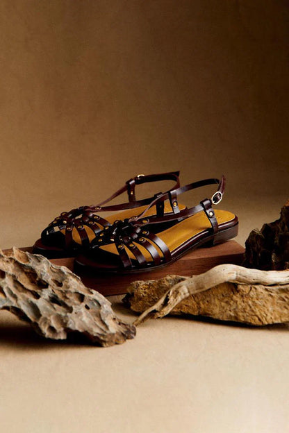 Sandals with Metallic Studs and Carvings in Dark Brown