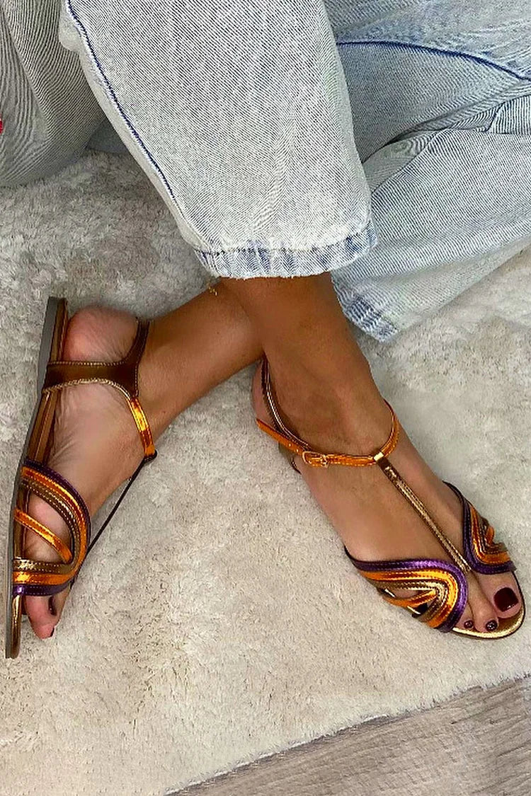 Golden Sandals with Buckle and Multicolored Strap