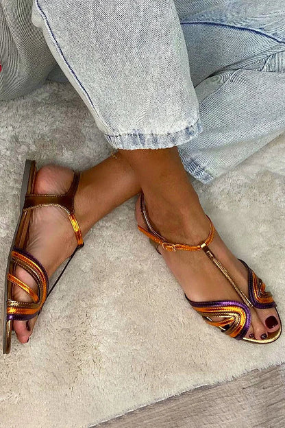 Golden Sandals with Buckle and Multicolored Strap