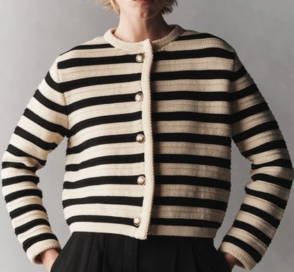 Elara – Black & Cream Striped Cardigan Jacket for Women | Trendy Women’s Fashion Clothing Online - perlanotturna