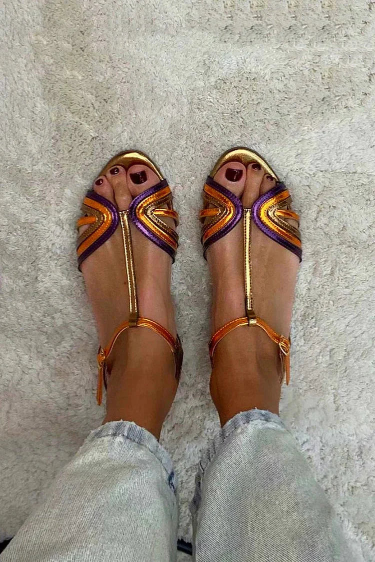 Golden Sandals with Buckle and Multicolored Strap