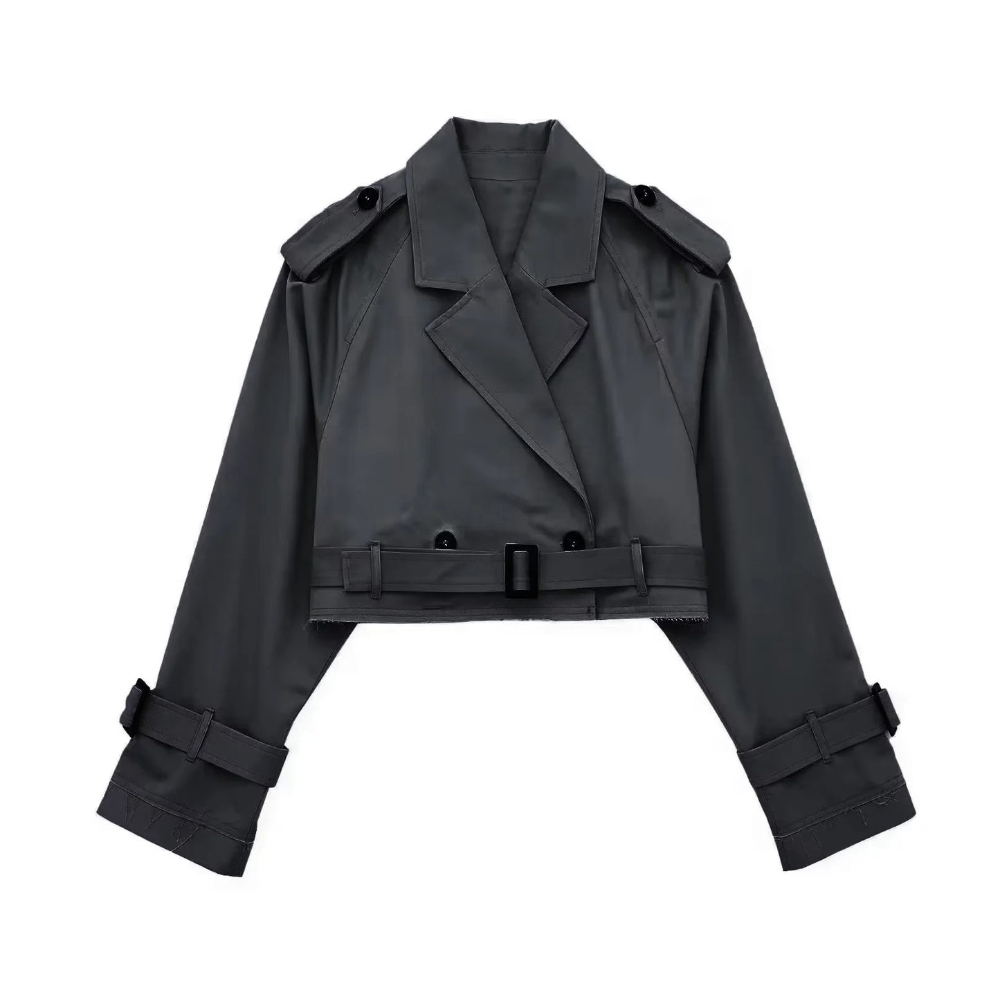 Lyrix – Cropped Khaki Trench Jacket with Frayed Details | Trendy Women’s Fashion Clothing Online - perlanotturna