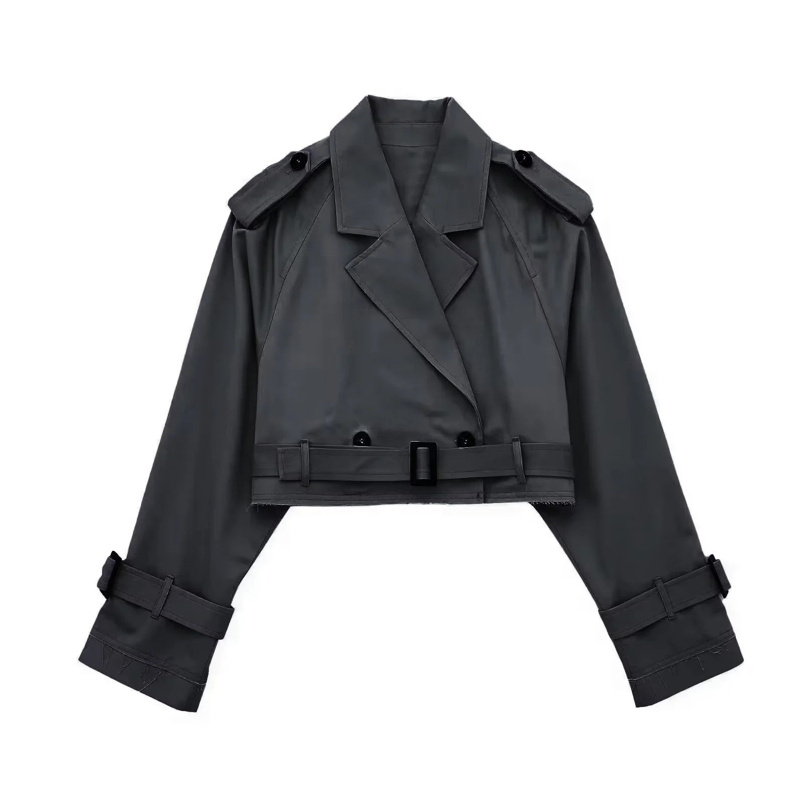 Lyrix – Cropped Khaki Trench Jacket with Frayed Details | Trendy Women’s Fashion Clothing Online - perlanotturna