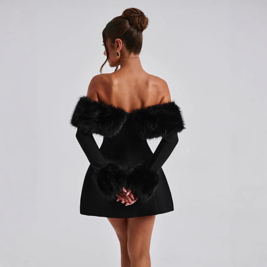 Nyssa – Off-Shoulder Faux Fur Mini Dress for Trendy Winter Looks - perlanotturna
