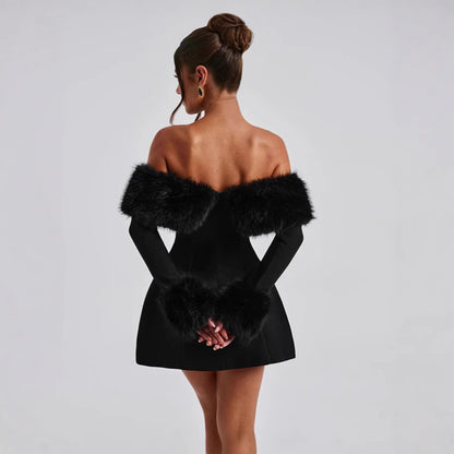 Nyssa – Off-Shoulder Faux Fur Mini Dress for Trendy Winter Looks - perlanotturna