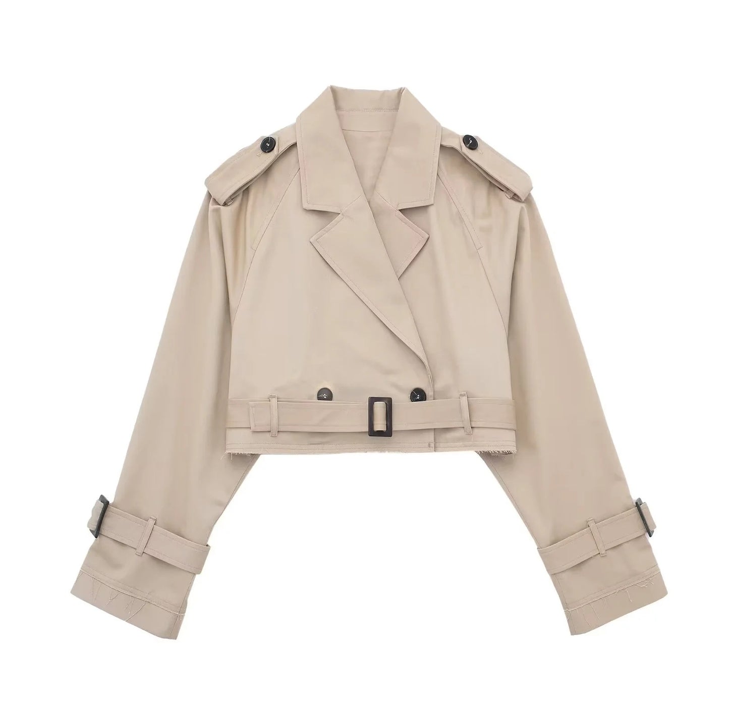 Lyrix – Cropped Khaki Trench Jacket with Frayed Details | Trendy Women’s Fashion Clothing Online - perlanotturna