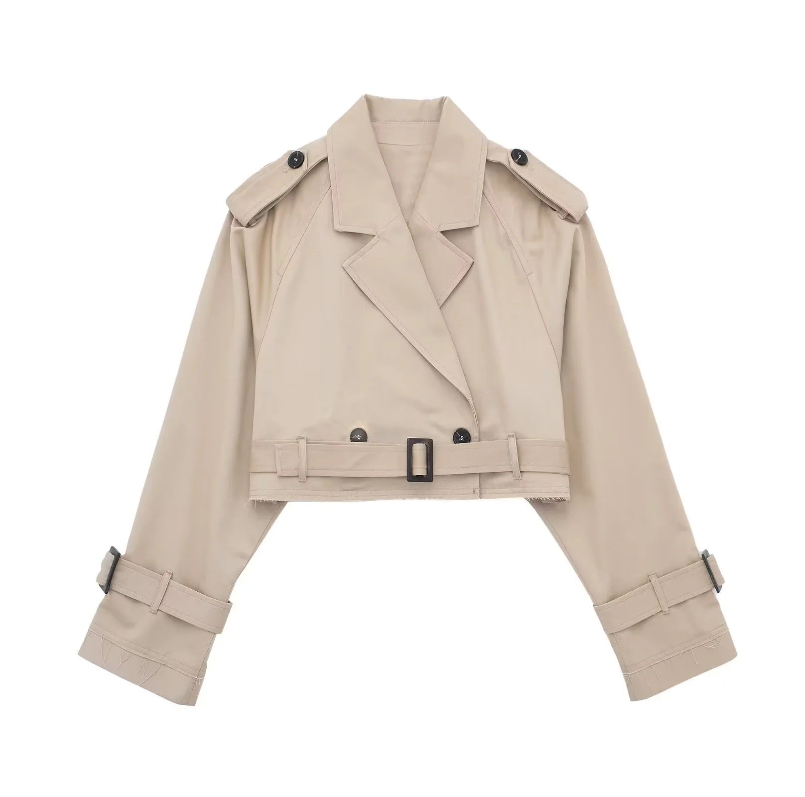 Lyrix – Cropped Khaki Trench Jacket with Frayed Details | Trendy Women’s Fashion Clothing Online - perlanotturna