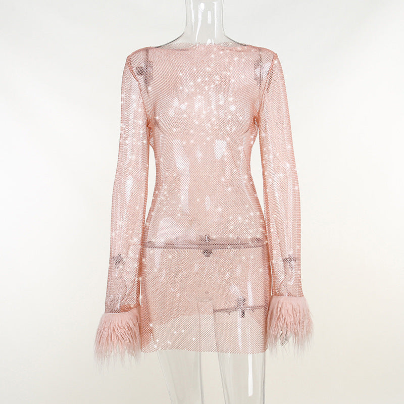 Norelle – Sparkle Feather Sleeve Party Mini Dress for Women - perlanotturna