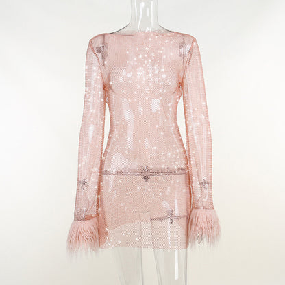 Norelle – Sparkle Feather Sleeve Party Mini Dress for Women - perlanotturna
