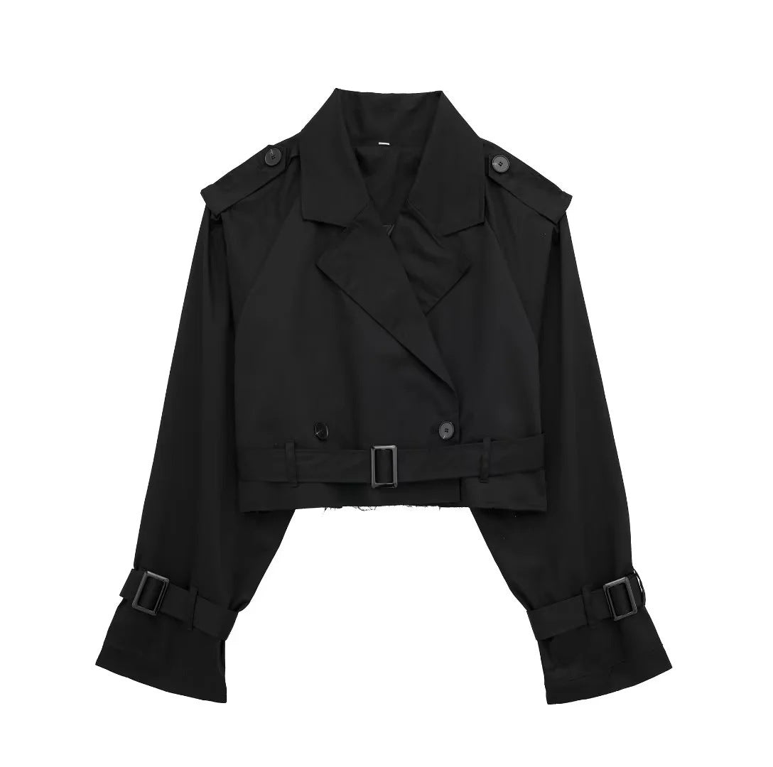 Lyrix – Cropped Khaki Trench Jacket with Frayed Details | Trendy Women’s Fashion Clothing Online - perlanotturna