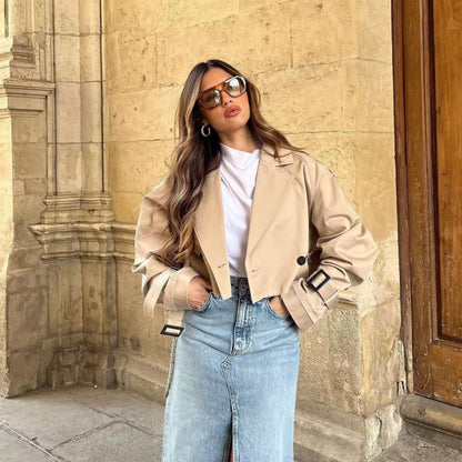 Lyrix – Cropped Khaki Trench Jacket with Frayed Details | Trendy Women’s Fashion Clothing Online - perlanotturna