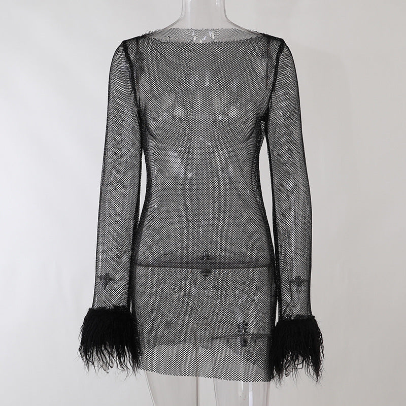 Norelle – Sparkle Feather Sleeve Party Mini Dress for Women - perlanotturna