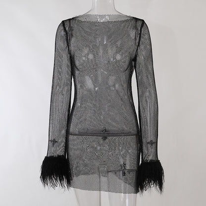 Norelle – Sparkle Feather Sleeve Party Mini Dress for Women - perlanotturna