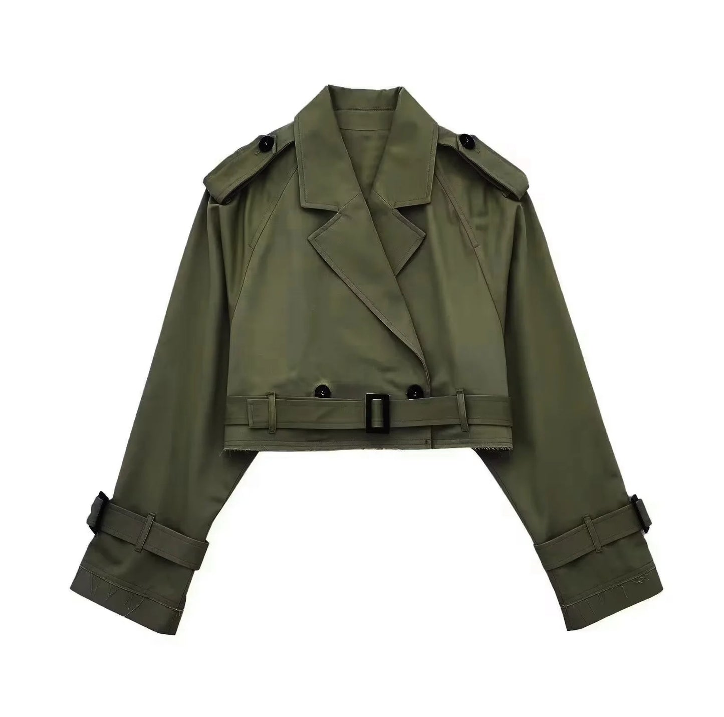 Lyrix – Cropped Khaki Trench Jacket with Frayed Details | Trendy Women’s Fashion Clothing Online - perlanotturna