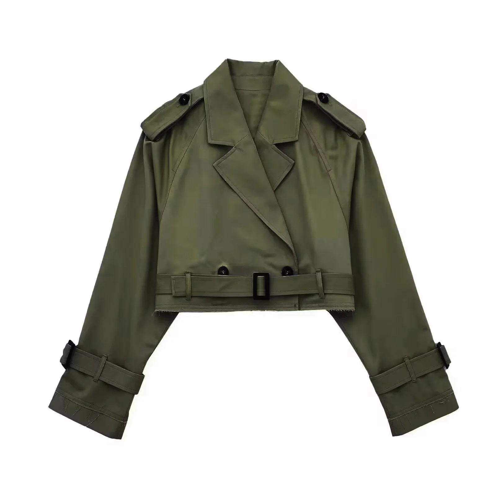 Lyrix – Cropped Khaki Trench Jacket with Frayed Details | Trendy Women’s Fashion Clothing Online - perlanotturna