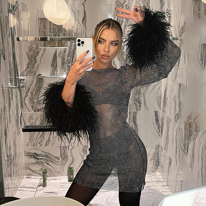 Norelle – Sparkle Feather Sleeve Party Mini Dress for Women - perlanotturna