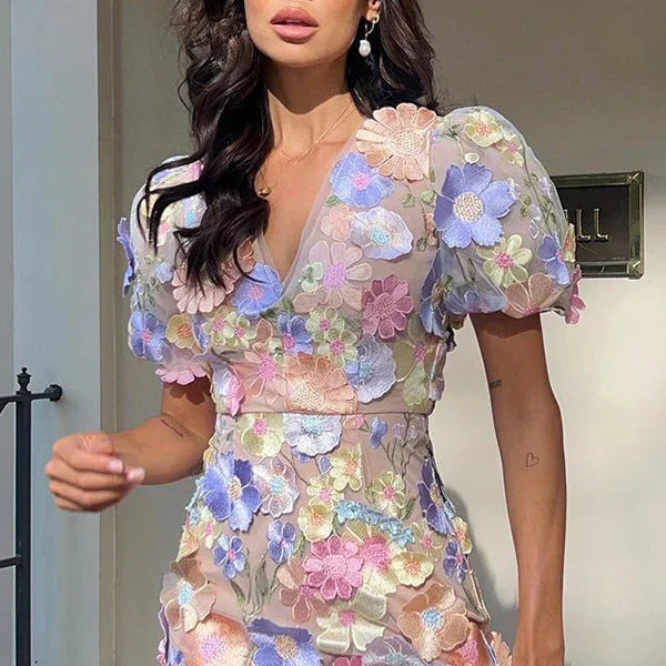 Aurelia – Flirty Floral Sheer Mini Dress with Puff Sleeves for Women - perlanotturna