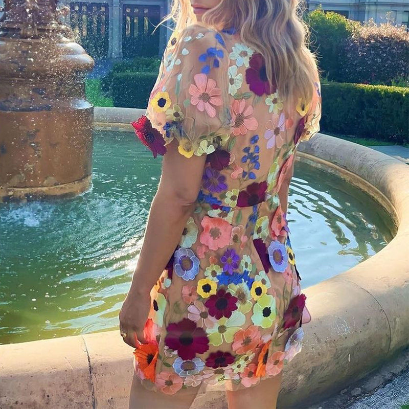 Aurelia – Flirty Floral Sheer Mini Dress with Puff Sleeves for Women - perlanotturna