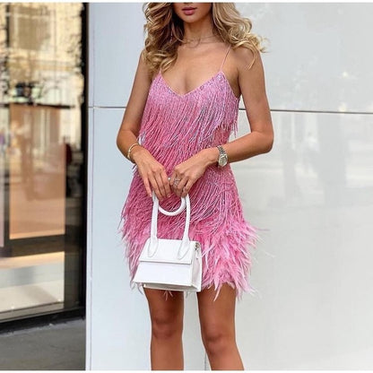 Arissa – Sparkling Sequin Tassel Dress with Feather Details for Women - perlanotturna
