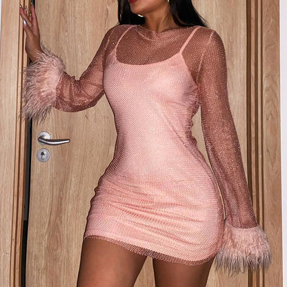 Norelle – Sparkle Feather Sleeve Party Mini Dress for Women - perlanotturna