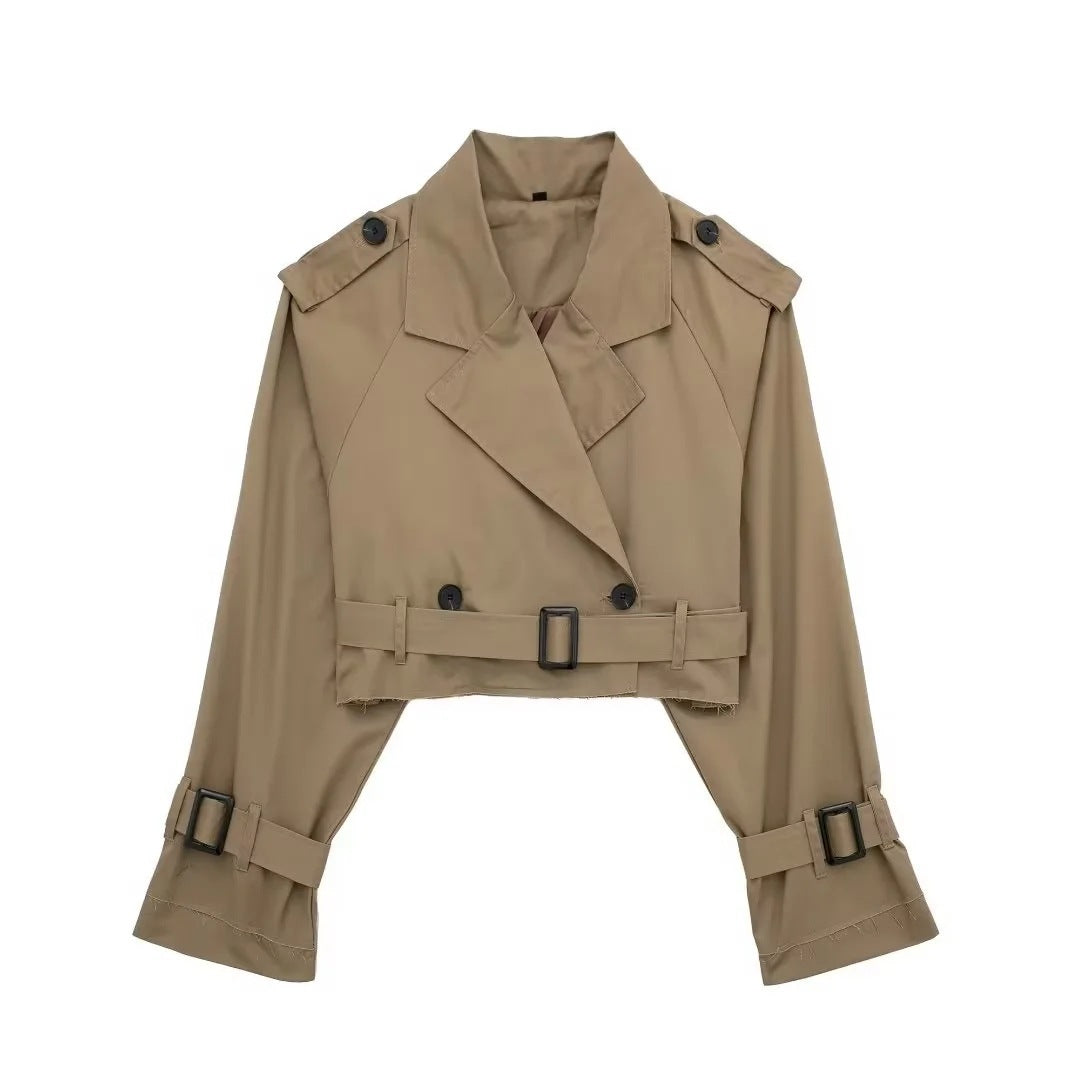 Lyrix – Cropped Khaki Trench Jacket with Frayed Details | Trendy Women’s Fashion Clothing Online - perlanotturna