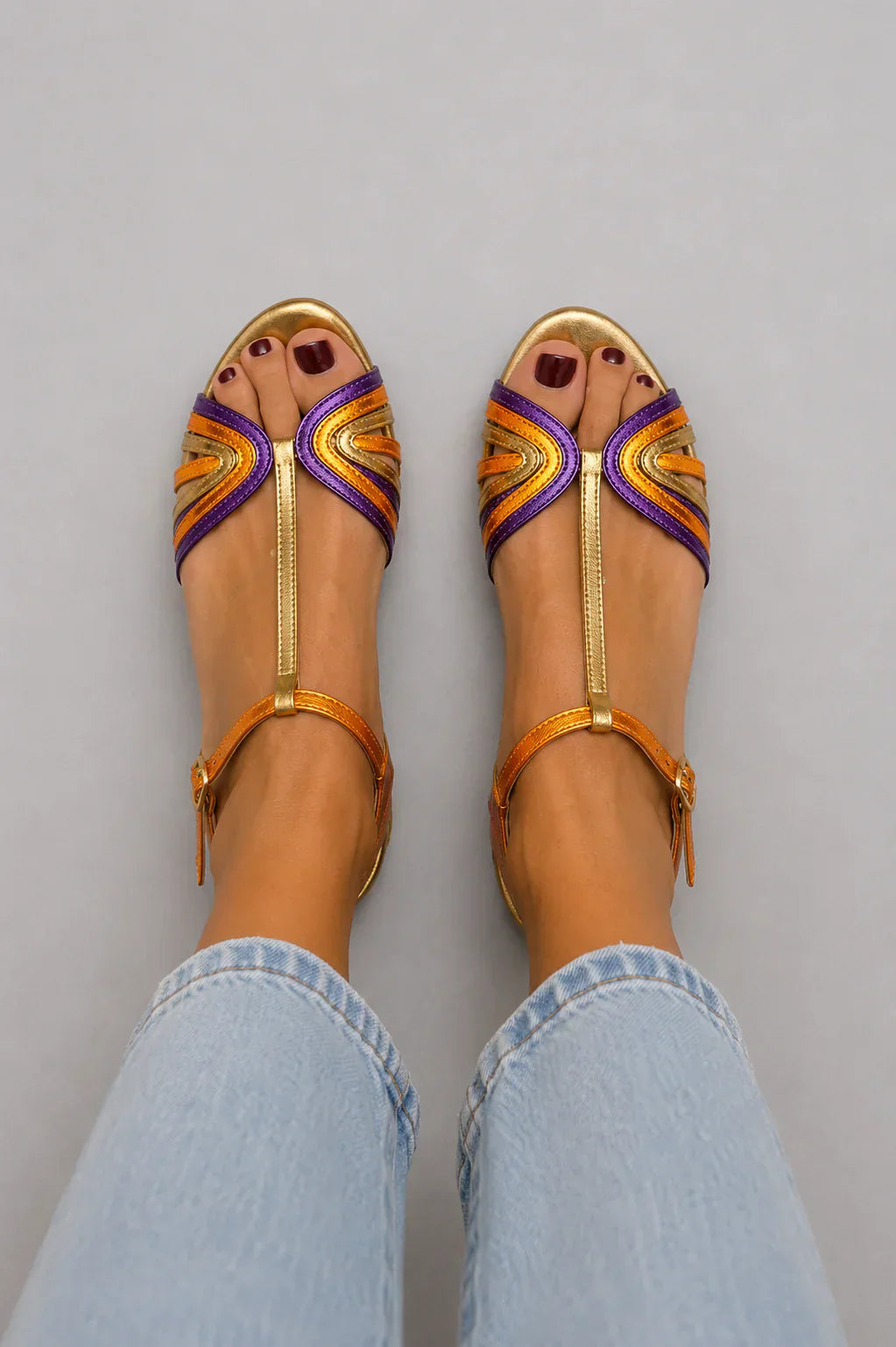 Golden Sandals with Buckle and Multicolored Strap