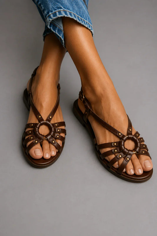 Sandals with Metallic Studs and Carvings in Dark Brown
