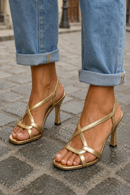 Metallic Gold Sandals with Crossed Straps