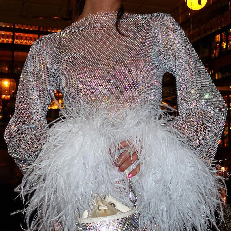 Norelle – Sparkle Feather Sleeve Party Mini Dress for Women - perlanotturna