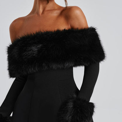 Nyssa – Off-Shoulder Faux Fur Mini Dress for Trendy Winter Looks - perlanotturna