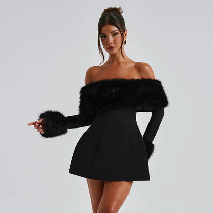 Nyssa – Off-Shoulder Faux Fur Mini Dress for Trendy Winter Looks - perlanotturna
