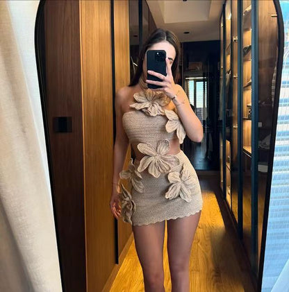 Zayla – Crochet Flower Halter Knit Mini Dress for Women | Trendy Women’s Dresses 2025 - perlanotturna