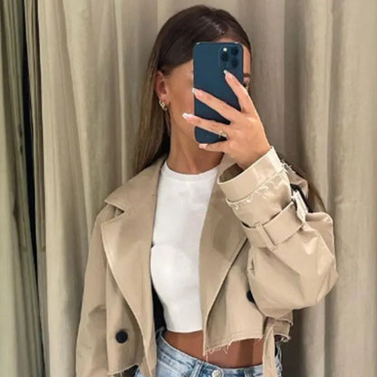 Lyrix – Cropped Khaki Trench Jacket with Frayed Details | Trendy Women’s Fashion Clothing Online - perlanotturna