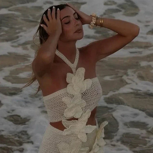 Zayla – Crochet Flower Halter Knit Mini Dress for Women | Trendy Women’s Dresses 2025 - perlanotturna