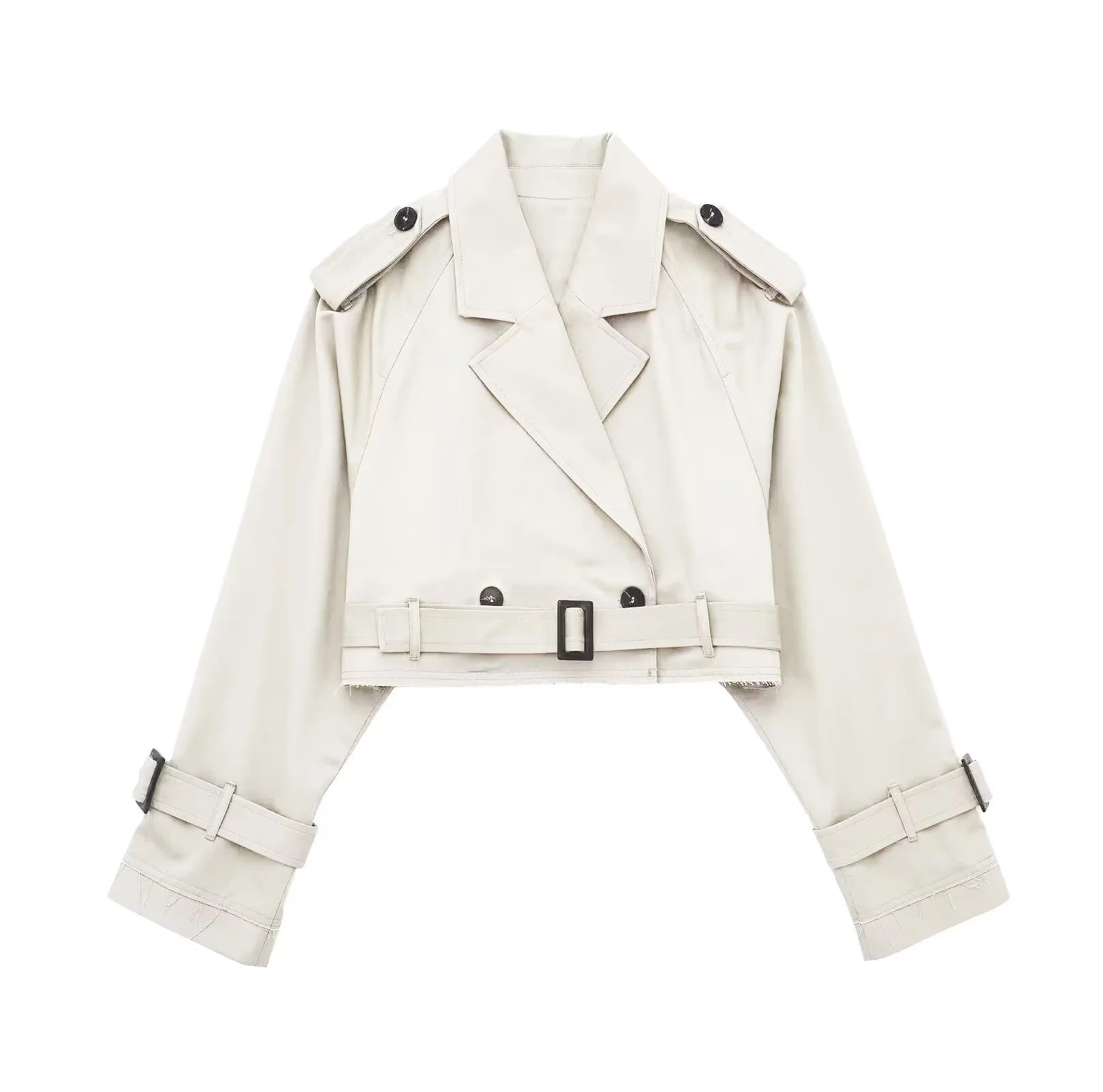 Lyrix – Cropped Khaki Trench Jacket with Frayed Details | Trendy Women’s Fashion Clothing Online - perlanotturna