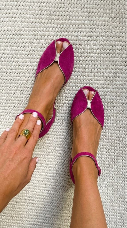 Elegant Suede Ballerinas with Metallic Accents and Open Toe