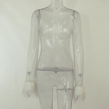 Norelle – Sparkle Feather Sleeve Party Mini Dress for Women - perlanotturna
