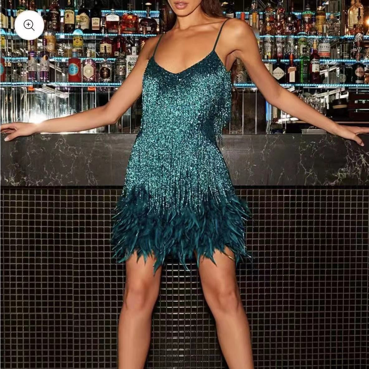Arissa – Sparkling Sequin Tassel Dress with Feather Details for Women - perlanotturna