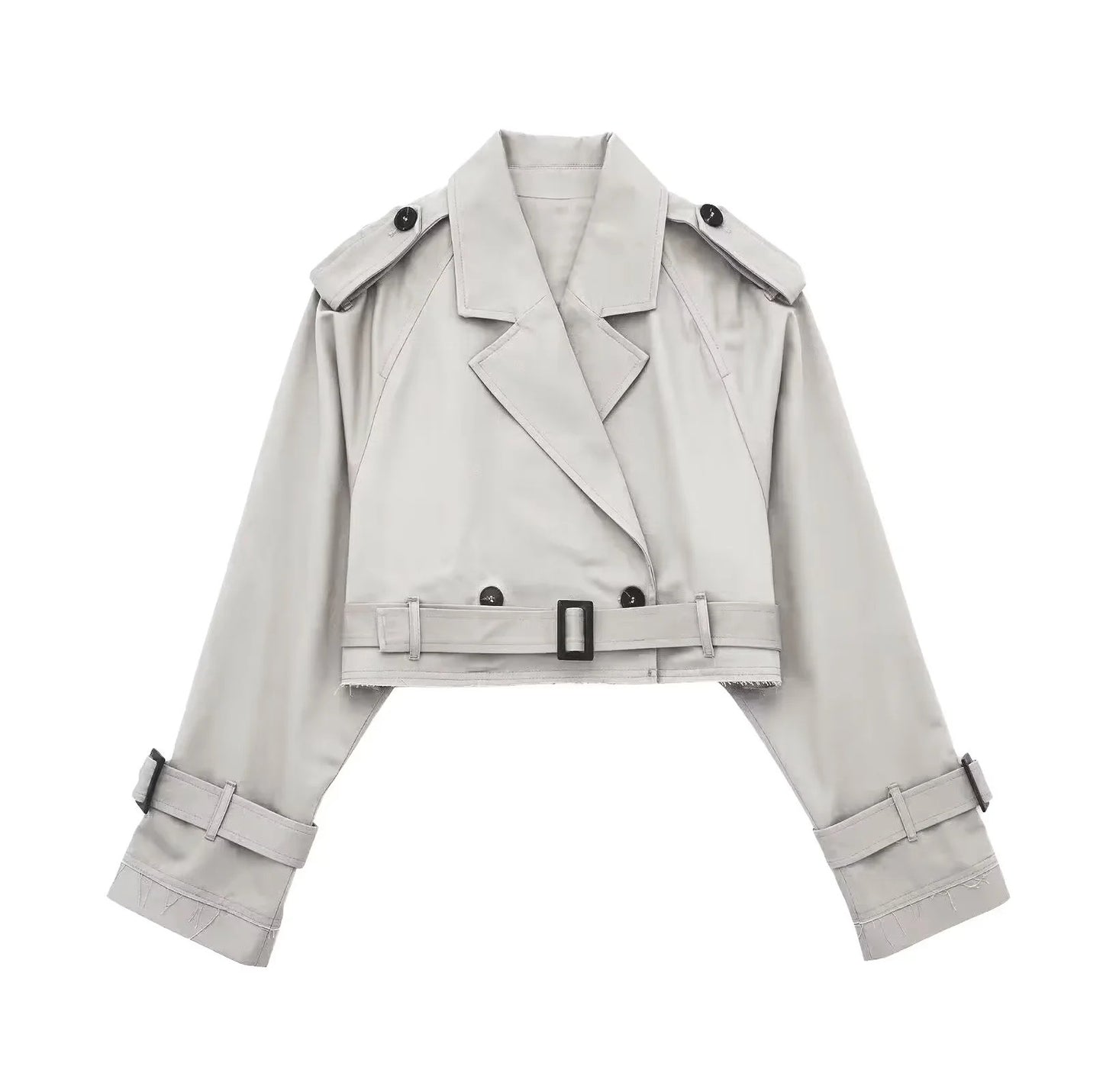 Lyrix – Cropped Khaki Trench Jacket with Frayed Details | Trendy Women’s Fashion Clothing Online - perlanotturna