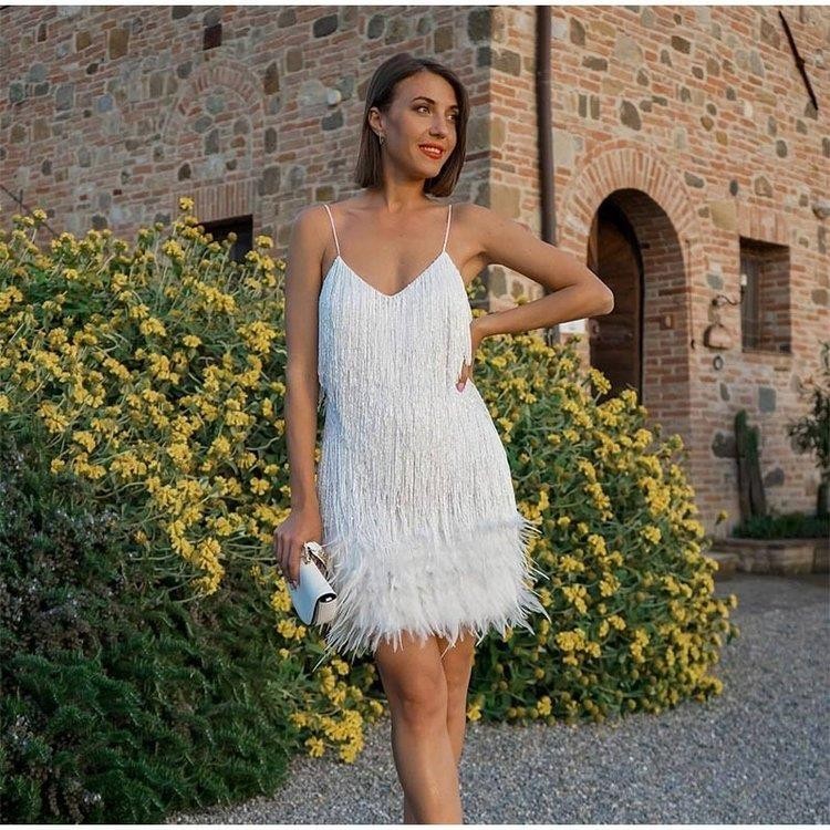 Arissa – Sparkling Sequin Tassel Dress with Feather Details for Women - perlanotturna