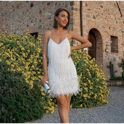 Arissa – Sparkling Sequin Tassel Dress with Feather Details for Women - perlanotturna