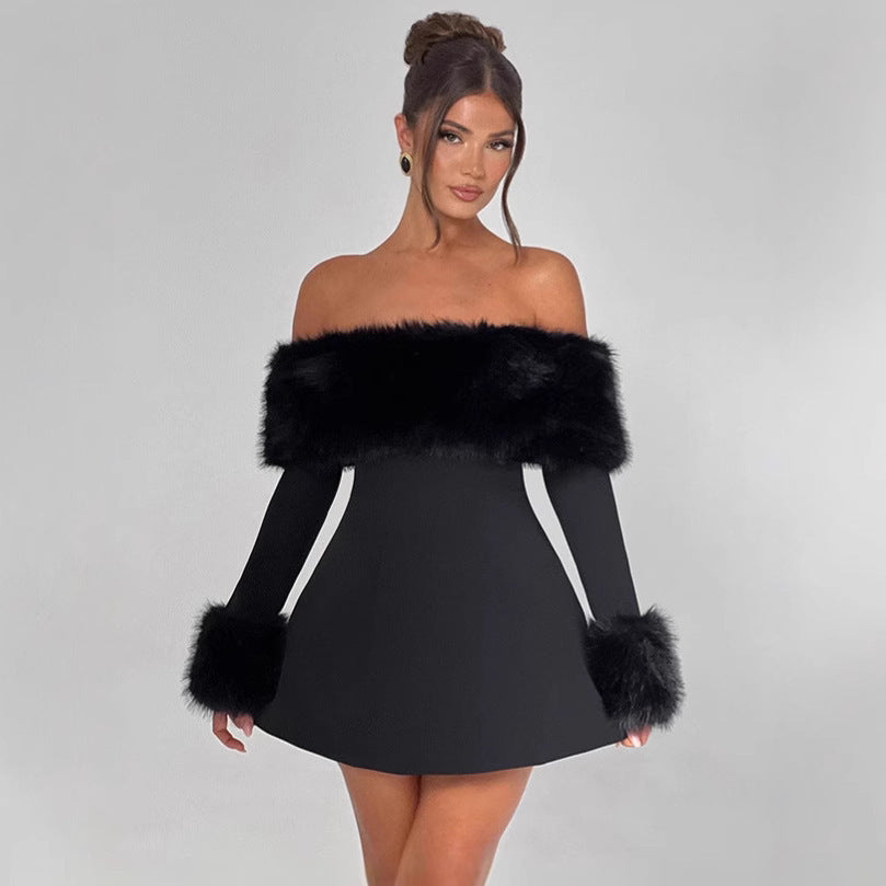 Nyssa – Off-Shoulder Faux Fur Mini Dress for Trendy Winter Looks - perlanotturna