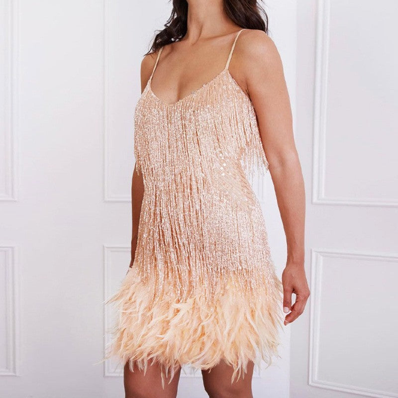 Arissa – Sparkling Sequin Tassel Dress with Feather Details for Women - perlanotturna
