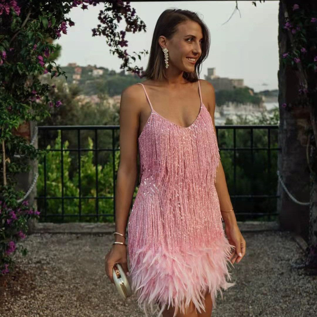 Arissa – Sparkling Sequin Tassel Dress with Feather Details for Women - perlanotturna
